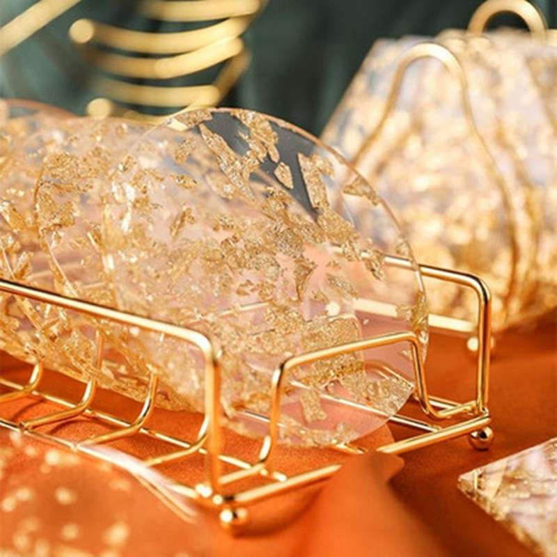 6pcs Acrylic Gold Foil Coaster Heat Insulation Cup Mat for Home B
