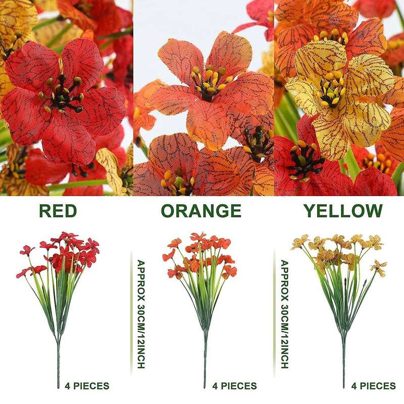Artificial Outdoor Plants and Flowers 12 Bundles,red Yellow Orange