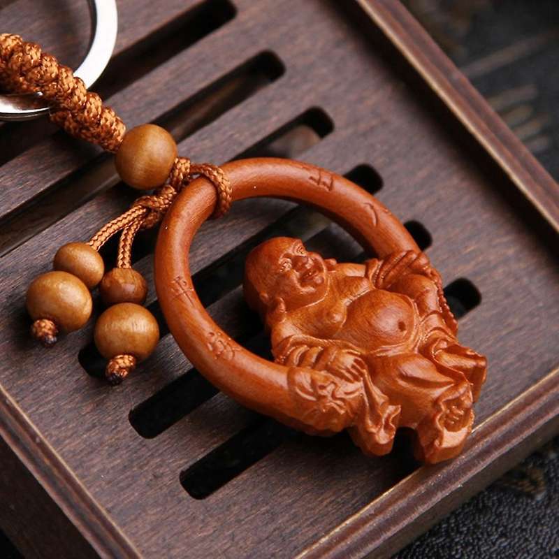 Wooden Three-dimensional Engraving Keychain Buddha Pendant for Car