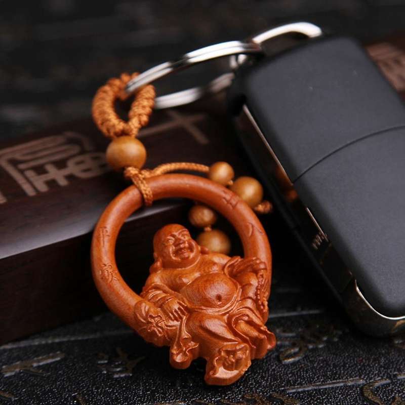 Wooden Three-dimensional Engraving Keychain Buddha Pendant for Car