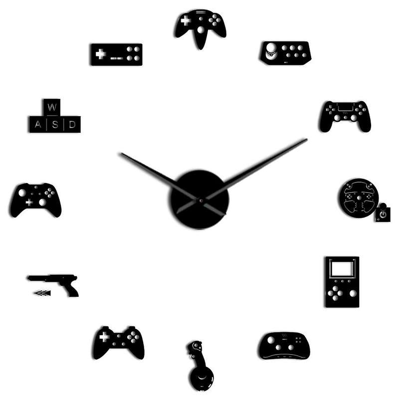 Diy Giant Wall Clock Game Joysticks Stickers Boy Bedroom Decor Black