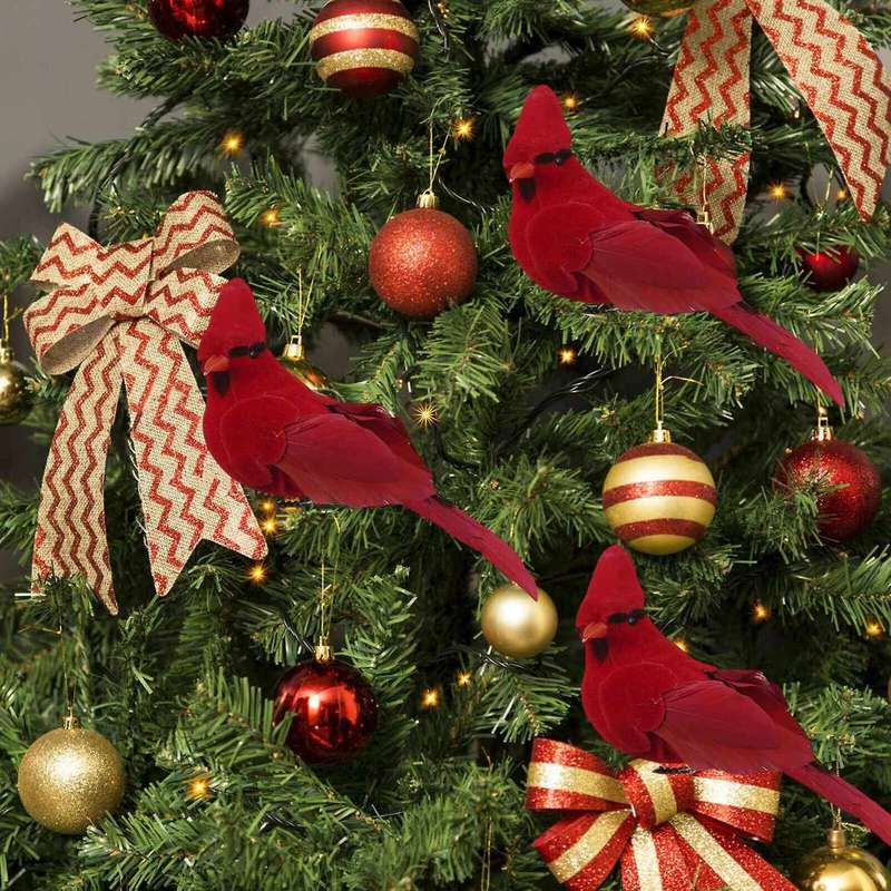 12pcs Clip-on Artificial Red Christmas Ornaments Feathered Bird Xmas
