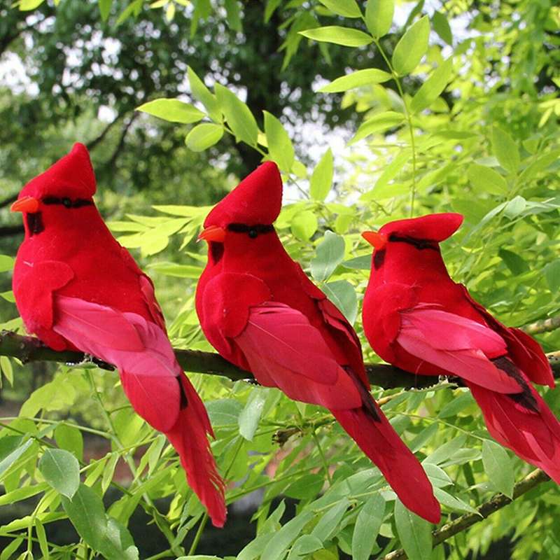 12pcs Clip-on Artificial Red Christmas Ornaments Feathered Bird Xmas