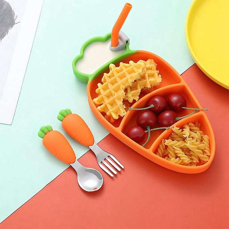 Cartoon Silicone Dinner Plate Set,carrot Shape Bowl with Spoon Fork