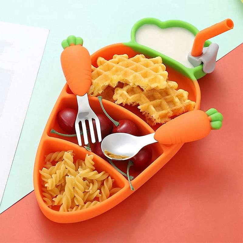 Cartoon Silicone Dinner Plate Set,carrot Shape Bowl with Spoon Fork