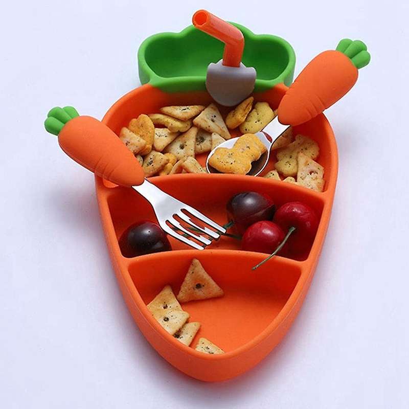Cartoon Silicone Dinner Plate Set,carrot Shape Bowl with Spoon Fork