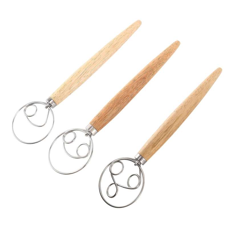 3pcs Mixing Whisk Tools for Kitchen Baking Wooden Handle Manual Mixer