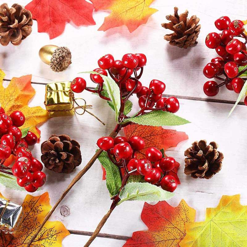 20pcs Artificial Red Berries Twig Stem Flowers Fake Berries Bunch