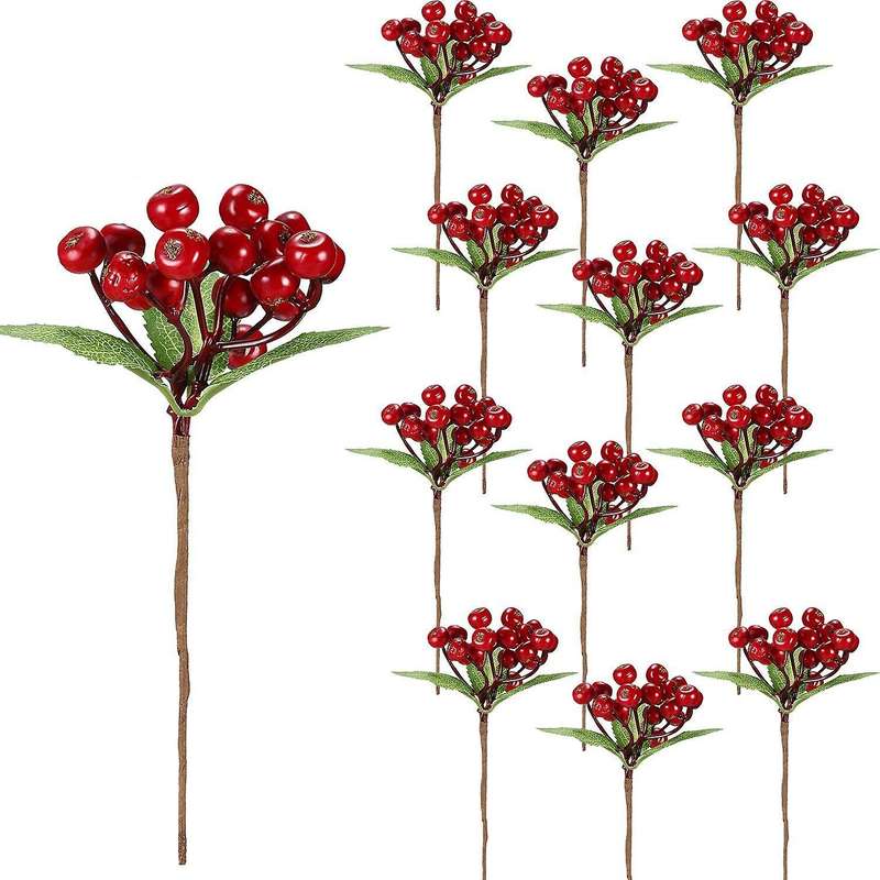20pcs Artificial Red Berries Twig Stem Flowers Fake Berries Bunch