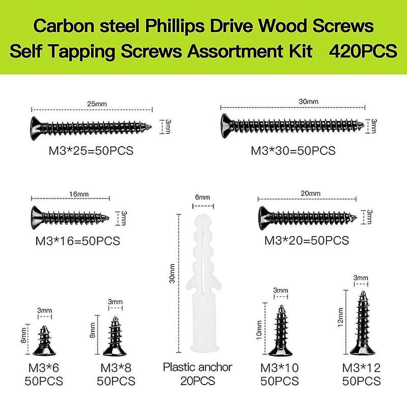420 M3 Phillips Countersunk Head Tapping Screws,including 20 Anchors