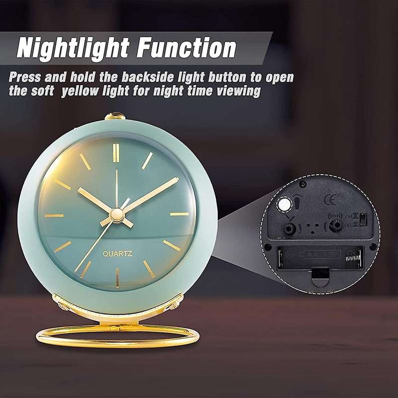 Battery Operated Desk Alarm Clocks with Light,retro Silent Green