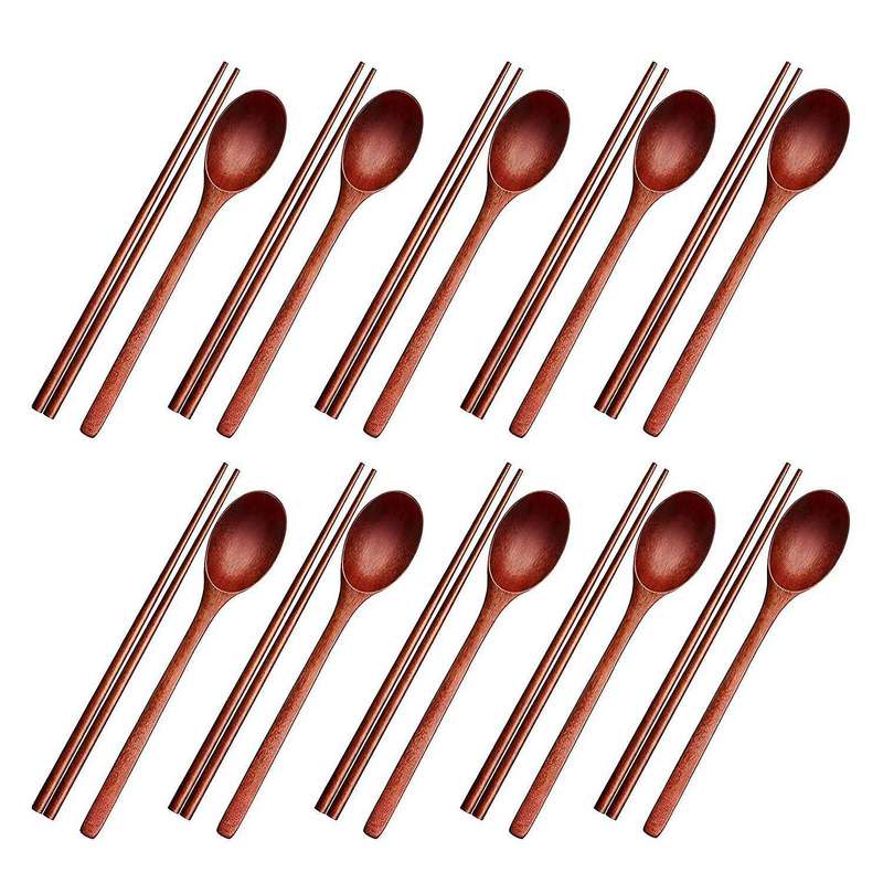 20pcs Long Handle Wooden Spoon and Chopsticks Set Flatware Reusable