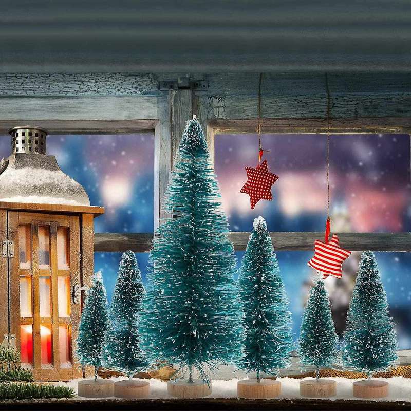 60 Pieces Mini Sisal Snow Frosted Trees Winter Pine with Wood Base
