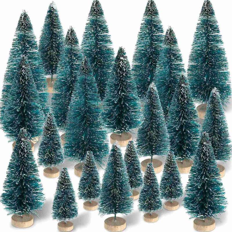 60 Pieces Mini Sisal Snow Frosted Trees Winter Pine with Wood Base