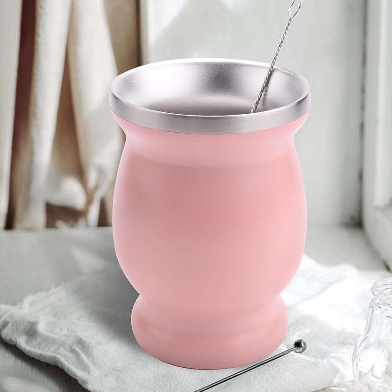 Double-wall Stainless Yerba Mate Gourd Tea Cup Set ,pink