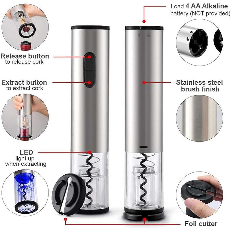 Electric Corkscrew, Automatic Wine Opener with Foil Cutter, Stainless