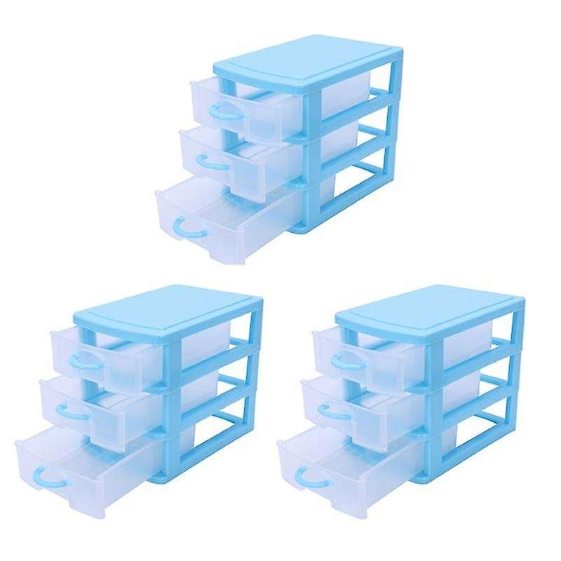 3x Mini Translucent Drawer Type Plastic Storage Box(blue 3 Layers)