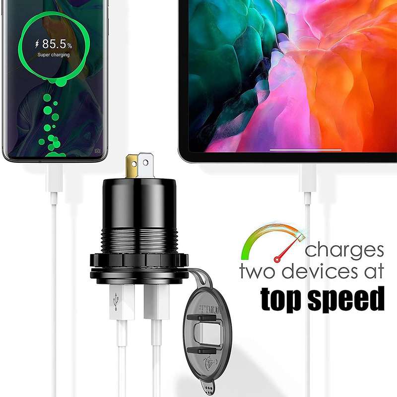 Qc 3.0 Dual Usb Car Charger for Boat Motorcycle Truck Golf Cart Black