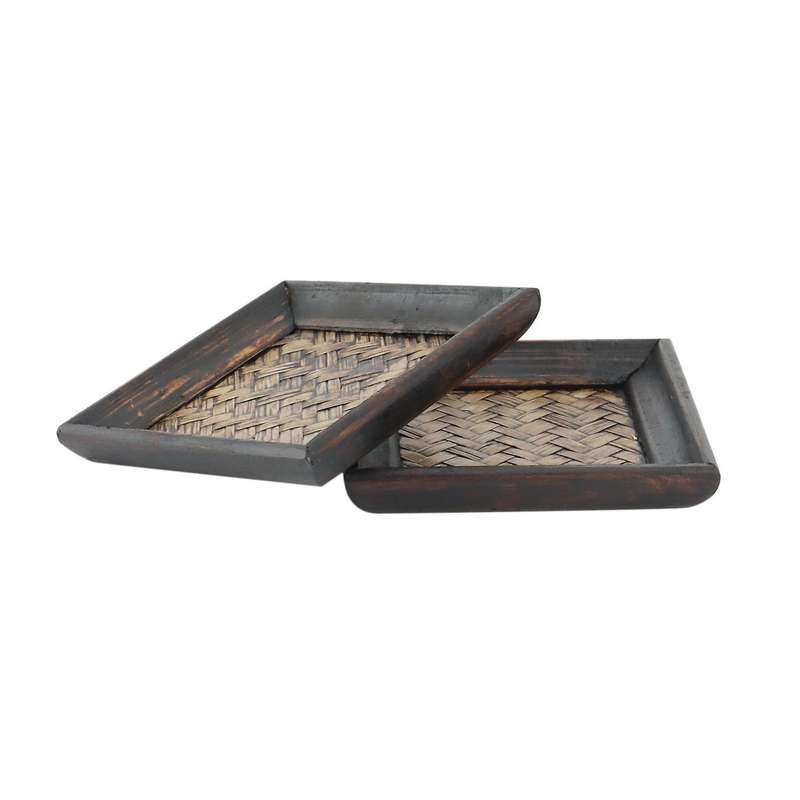 6pcs Wooden Frame Bamboo Woven Coaster Tea Set Cup Holder 10x10cm