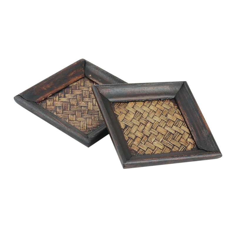 6pcs Wooden Frame Bamboo Woven Coaster Tea Set Cup Holder 10x10cm