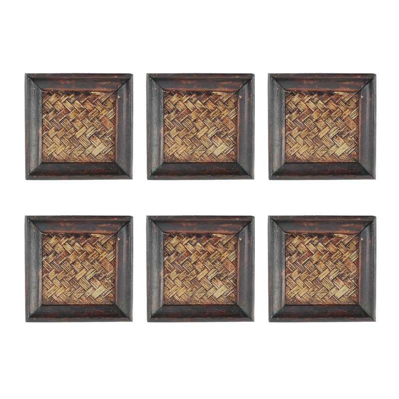 6pcs Wooden Frame Bamboo Woven Coaster Tea Set Cup Holder 10x10cm