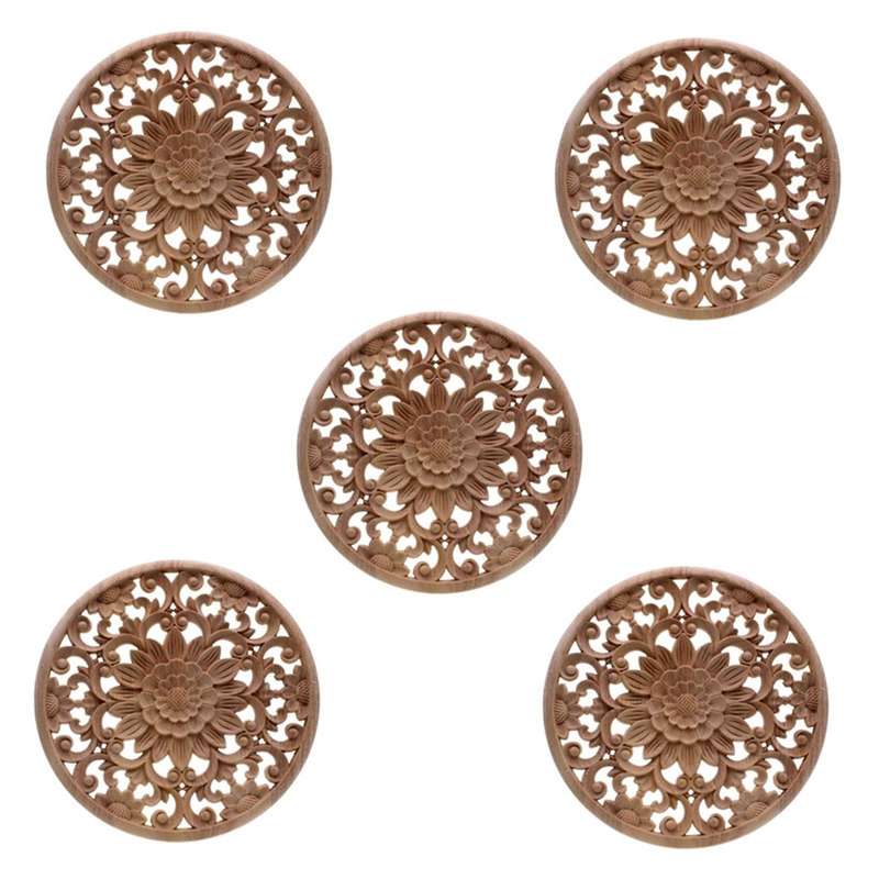 5x Carved Flower Carving Round Wood Appliques Figurine