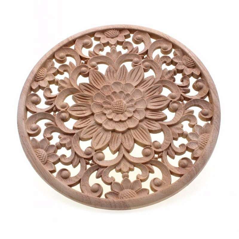 5x Carved Flower Carving Round Wood Appliques Figurine
