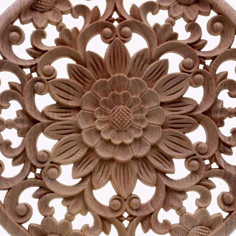 5x Carved Flower Carving Round Wood Appliques Figurine