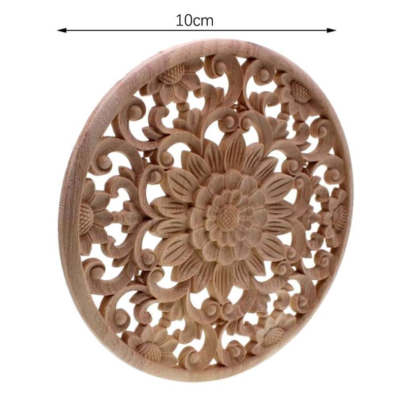5x Carved Flower Carving Round Wood Appliques Figurine