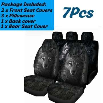 1/7PCS Universal Car Seat Covers Grey Wolf Design Front & Rear Seat Full Covers (QUANTITY: 7PCS)