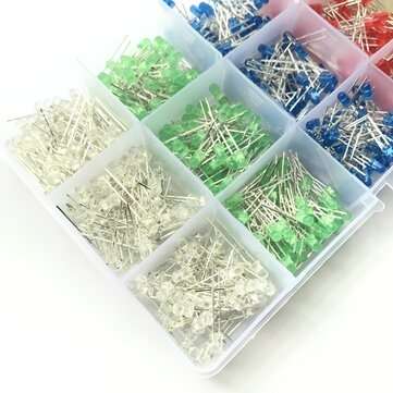 1000pcs 3MM LED Diode Red Yellow Blue Green White Each 200pcs with Plastic Box