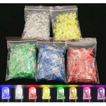 100pcs 5mm LED Diode Assorted Kit White Green Red Blue Yellow Orange Pink Purpl... (COLOR.: 5COLORS)