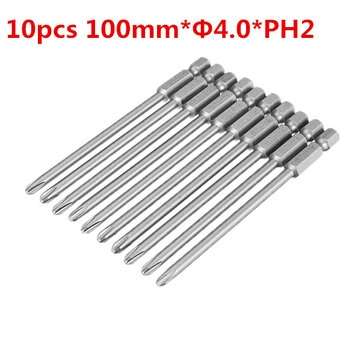 10pcs 100mm*4.0*PH2 Hex Shank Cross Head Magnetic Screwdriver Bits Set