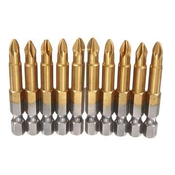 10pcs 50mm Titanium Coated 1/4 Inch Hex Shank PH2 Magnetic Anti Slip Electric Screwdriver Bit Set