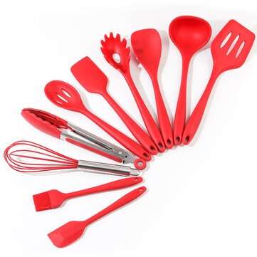 10pcs Utensils Spatula Shovel Soup Spoon Heat-resistant Design Silicone Kitchen Cook... (COLOR: RED)