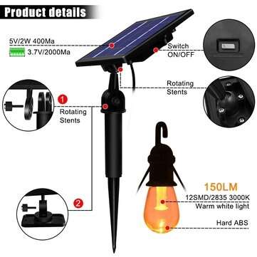 12 Bulbs Solar Light String Waterproof Edison 48FT Solar Bulb Lights Decoration Lighting For Garden