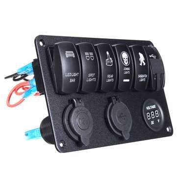 12-24V 6 Gang LED Rocker Switch Panel USB Charger Voltmeter Circuit Breaker For Motorcycle Car Boat