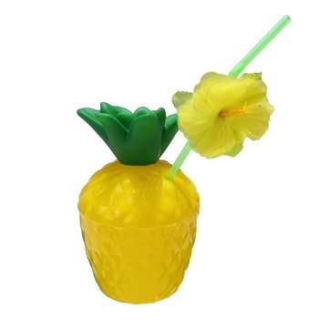 12Pcs Plastic Coconut Pineapple Cup w/ Straw Tropical Hawaiian Luau Hula Beach Pool Party Cup Decor