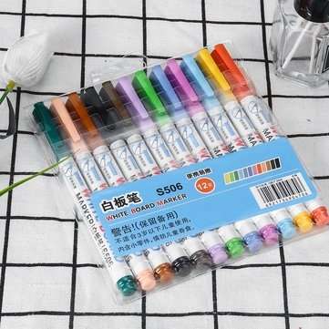 12pcs Mixed Colour White Board Bright Marker Pen Set Fine bullet Tip Pens Easy Dry Wipe Stationery P