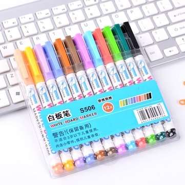 12pcs Mixed Colour White Board Bright Marker Pen Set Fine bullet Tip Pens Easy Dry Wipe Stationery P