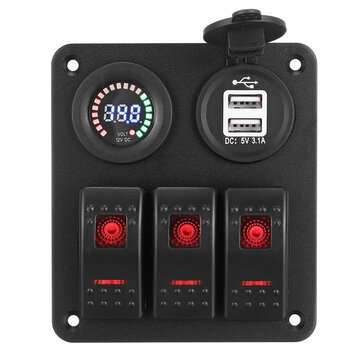 12V 3 Gang Blue Toggle Rocker Switch Panel Voltmeter USB Charger Car Marine Boat (COLOR: RED)