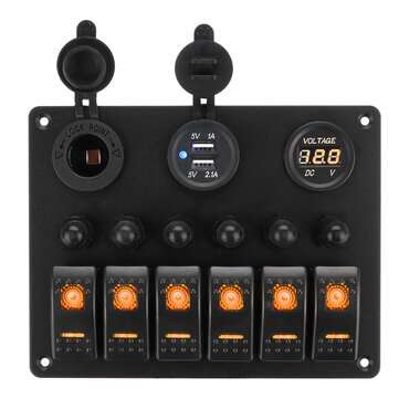 12V-24V 6 Gang Waterproof LED Rocker Switch Panel Voltmeter Battery Car Boat (COLOR.: ORANGE)