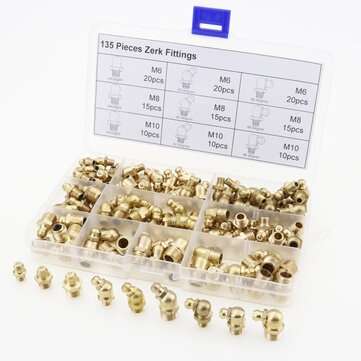 135pcs Hydraulic Metric Brass Zerk Grease Nipple Fitting Kit M6/M8/M10 Machinery Parts
