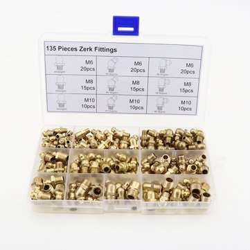 135pcs Hydraulic Metric Brass Zerk Grease Nipple Fitting Kit M6/M8/M10 Machinery Parts