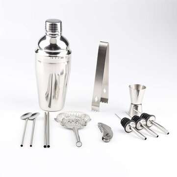 13PCS Stainless Steel Cocktail Shaker Bar Sets Jigger Muddler Bartender Tools Kit (CAPACITY: 550ML)