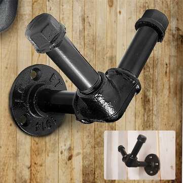 13x12cm Urban Industrial Style Iron Water Pipe Effect Wooden Wall Shelf Coat Hooks Rack