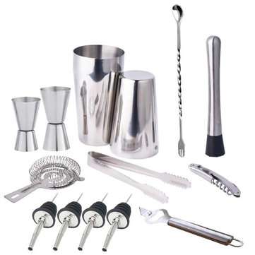 14Pcs Cocktail Maker Set Shaker Glass Twisted Bar Spoon Strainer Wood Muddler (CAPACITY: 800ML)