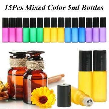 15Pcs 5mL Mixed Color Roller Ball Glass Bottle Small Container for Perfume Essential Oil