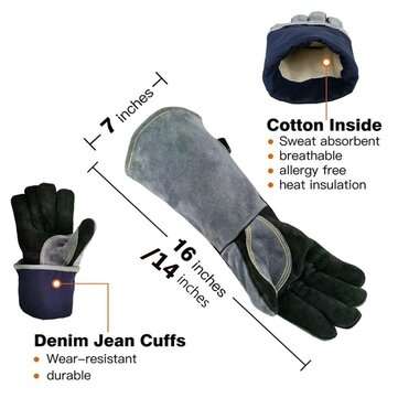 16 Inches Two Layer Cow Leather Lengthened Black Grey Welding / Barbecue High Temperature Resistant