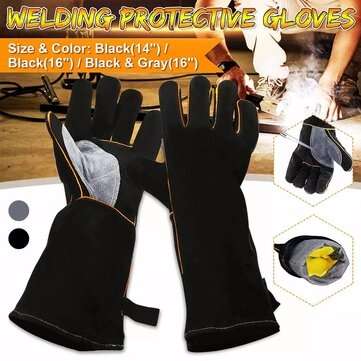16 Inches Two Layer Cow Leather Lengthened Black Grey Welding / Barbecue High Temperature Resistant